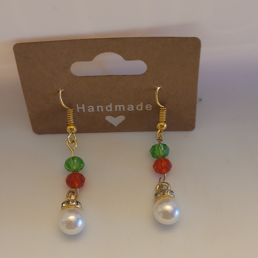 Handcrafted Christmas Ornament Red Green Crystal Beaded Dangling Earrings